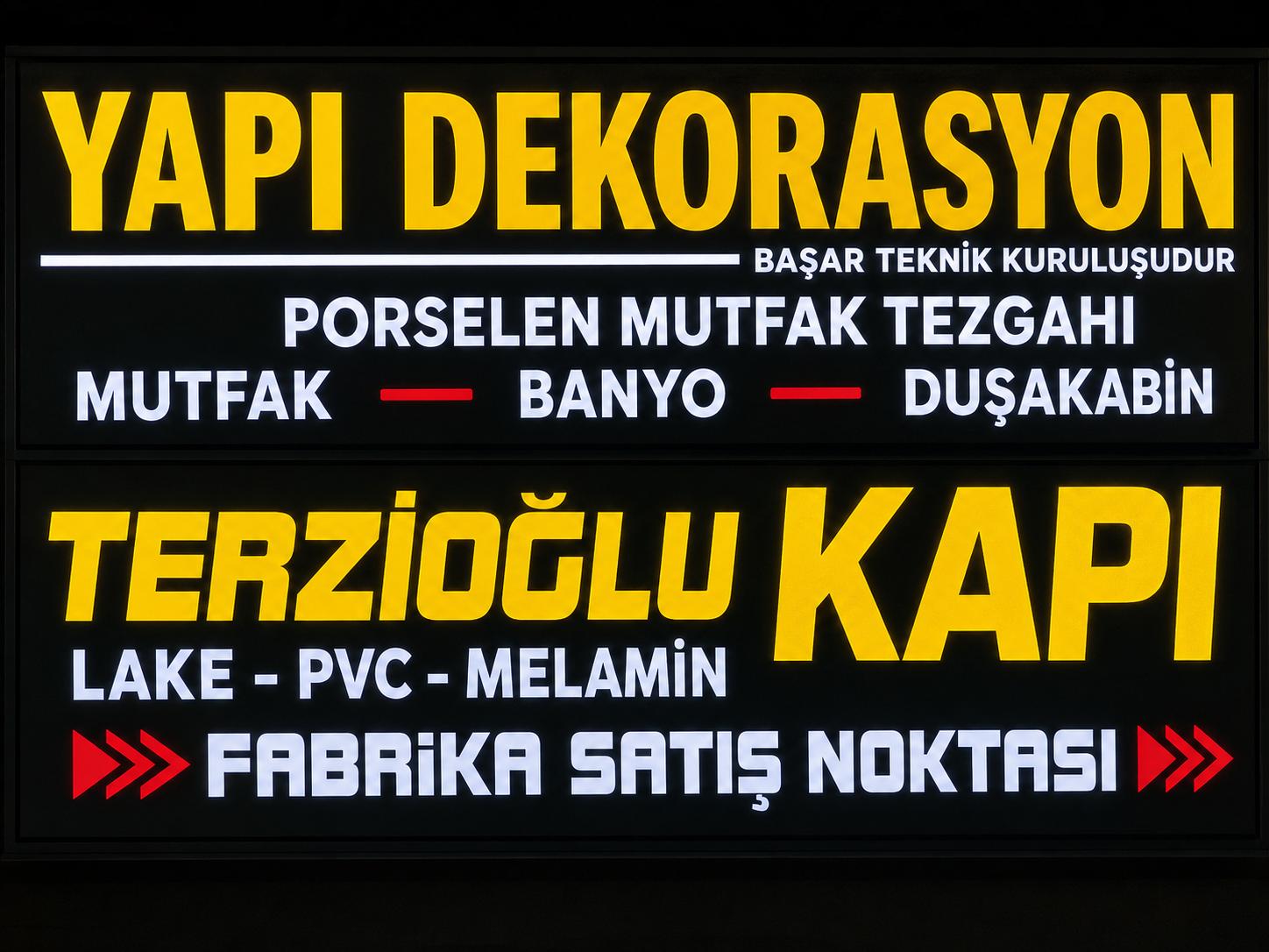 Yapı Dekorasyon – Başar Teknik kuruluşudur. Porselen mutfak tezgahı, mutfak, banyo, duşakabin. Terzioğlu Kapı – lake, PVC, melamin – fabrika satış noktası